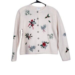 Susan Bristol Vintage Cream Holiday Embroidered Wool Cardigan Womens Size Medium